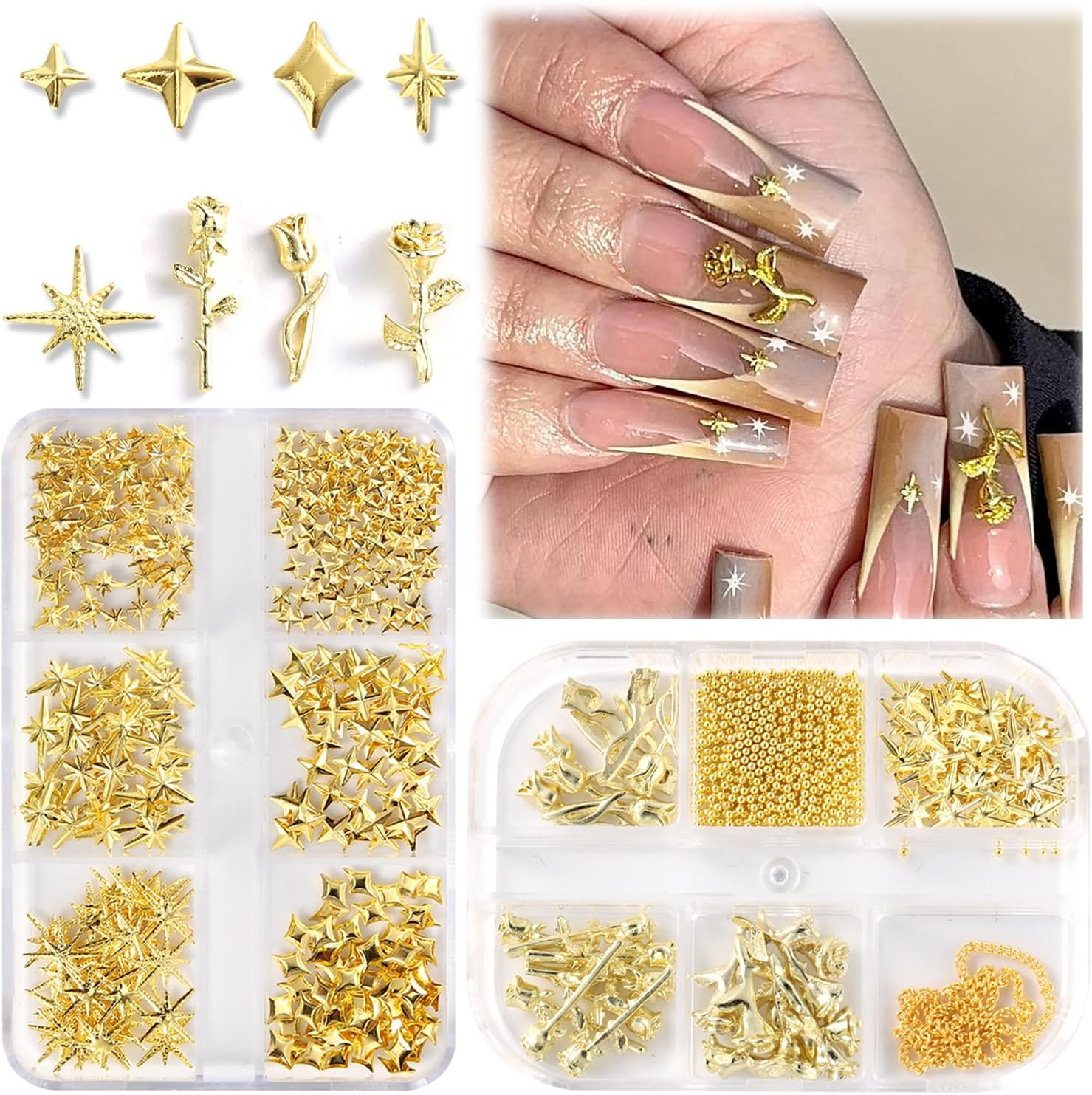 Star Nail Charms, 2 Boxes Gold Nail Charms Twinkle Stars Rose Flowers Cross Meta