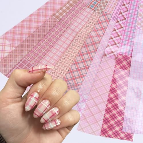 Plaid Nail Foil Transfer for Nails Art Pink Plaid Nail Stickers Transfer