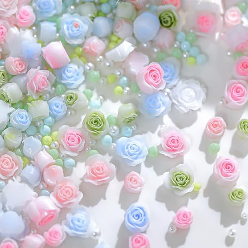 3D Flower Nail Charms, 80pcs Mixed Pearl Flower Nail Art Rhinestones Blue Pink