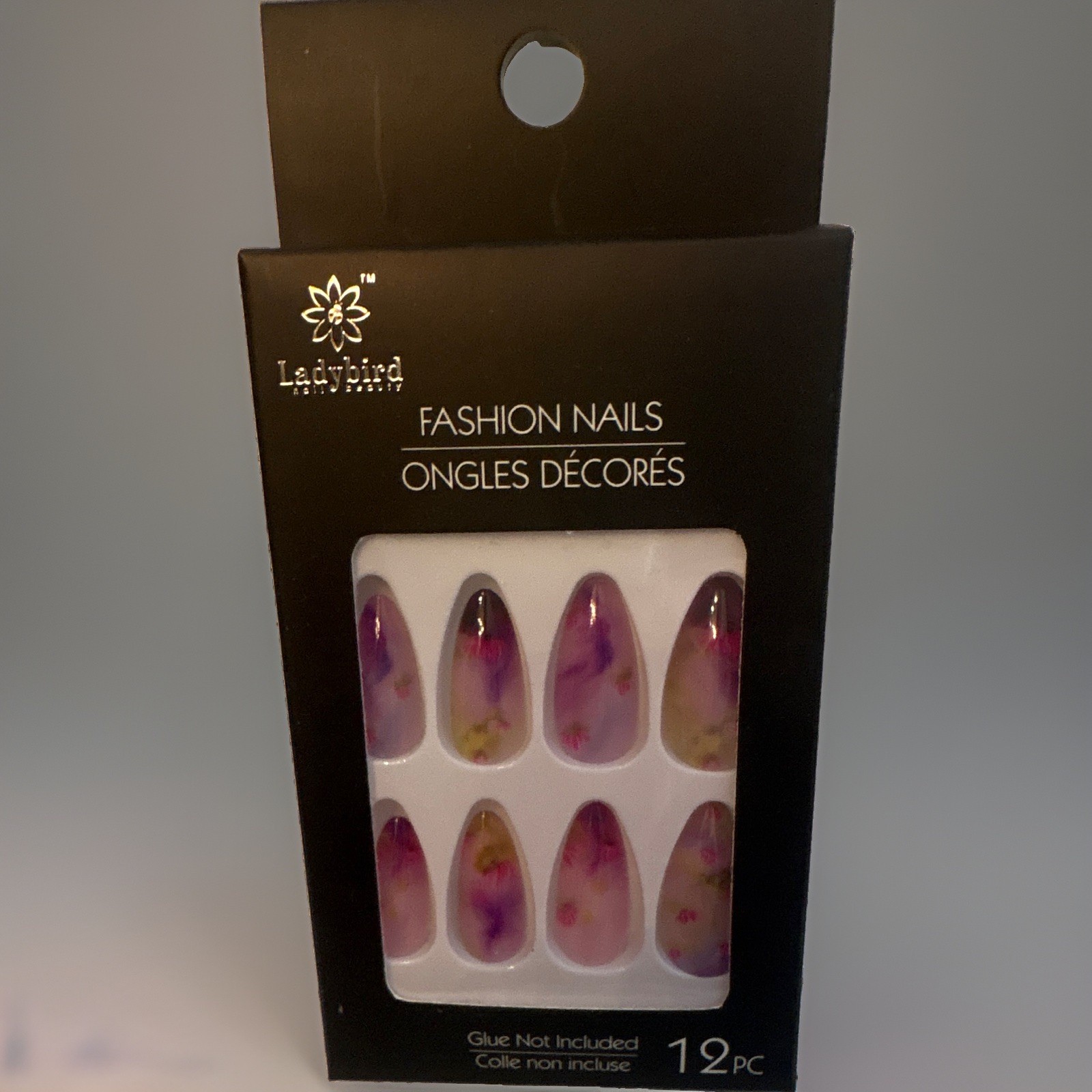 Ladybird Press-On Nails Pink/Purple floral Pre-Designed Almond 12pc No Glue