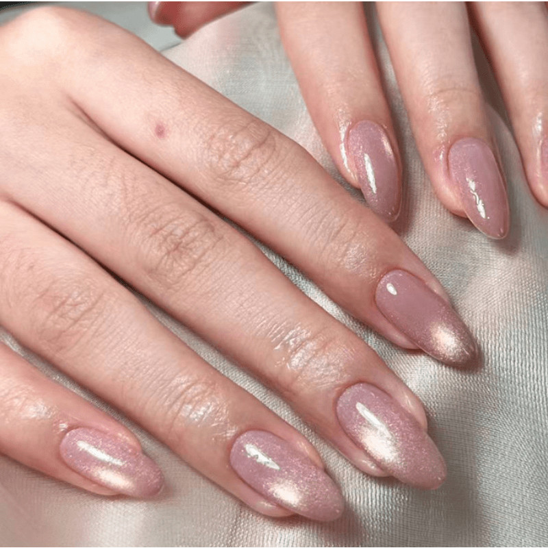 48 Pcs Nude Pink Cat Eye Press on Nails, Medium Almond Shiny Glossy Fake Nails