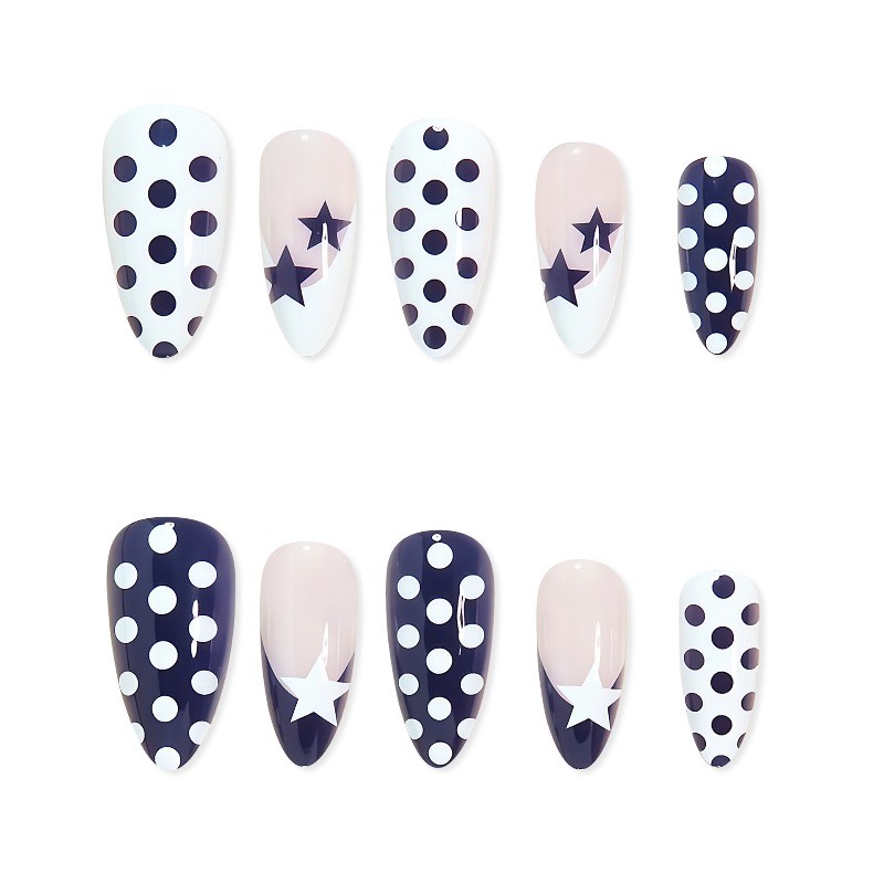 48Pcs-Long Almond Navy Blue White Polka Dot Star Nude Press on Fake Nails