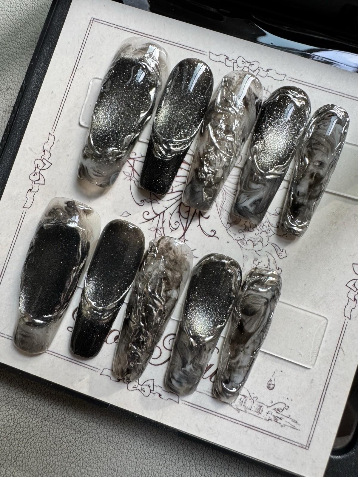 Press-On Nails Long Coffin Black/Gray/Silver Marble Glitter Full Cover