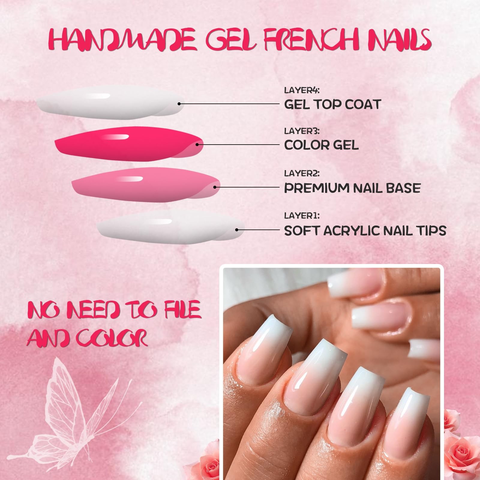 AddFavor 120pcs Ombre Press on Nails Long Square – Long, Ombre-Pink white