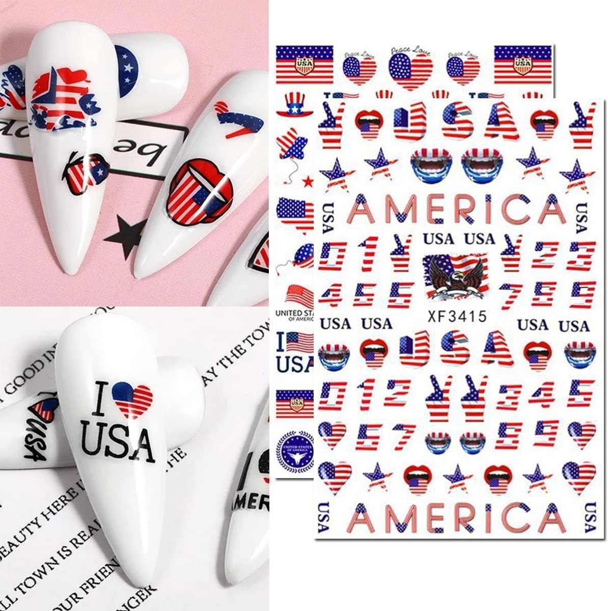 8Sheets 4th of July Nail Art Stickers Decals Red Blue White American Flag 3D …