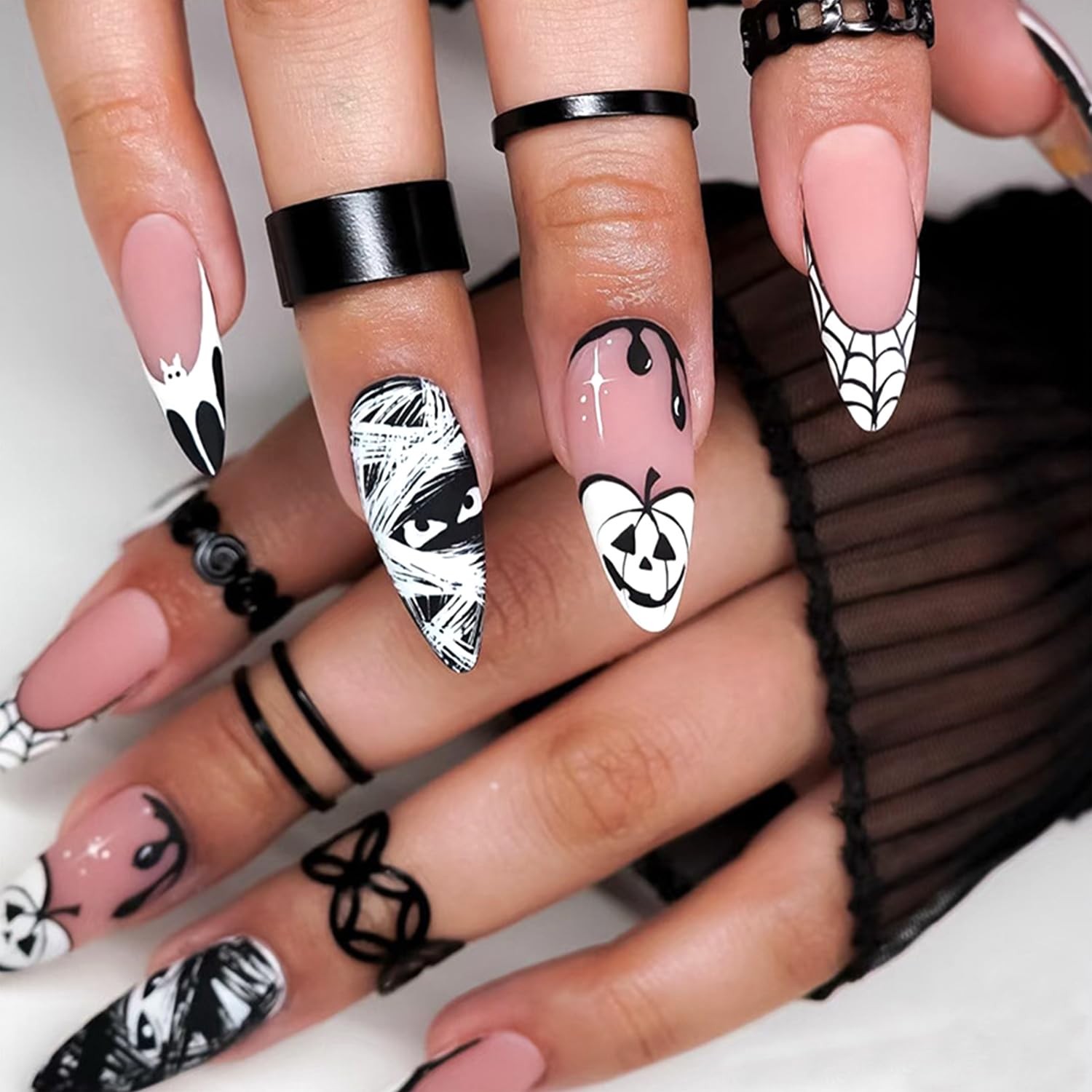 Halloween Press on Nails Pumpkin French Tip False Nails Medium Almond Full Co…