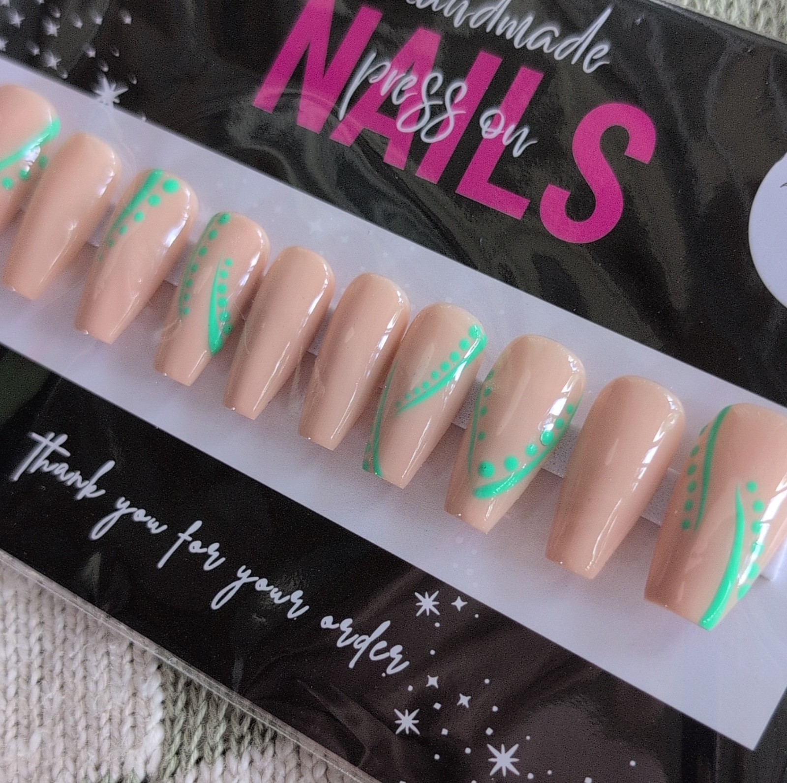 Press-On Nails Handmade Long Coffin Beige Green Sized Medium