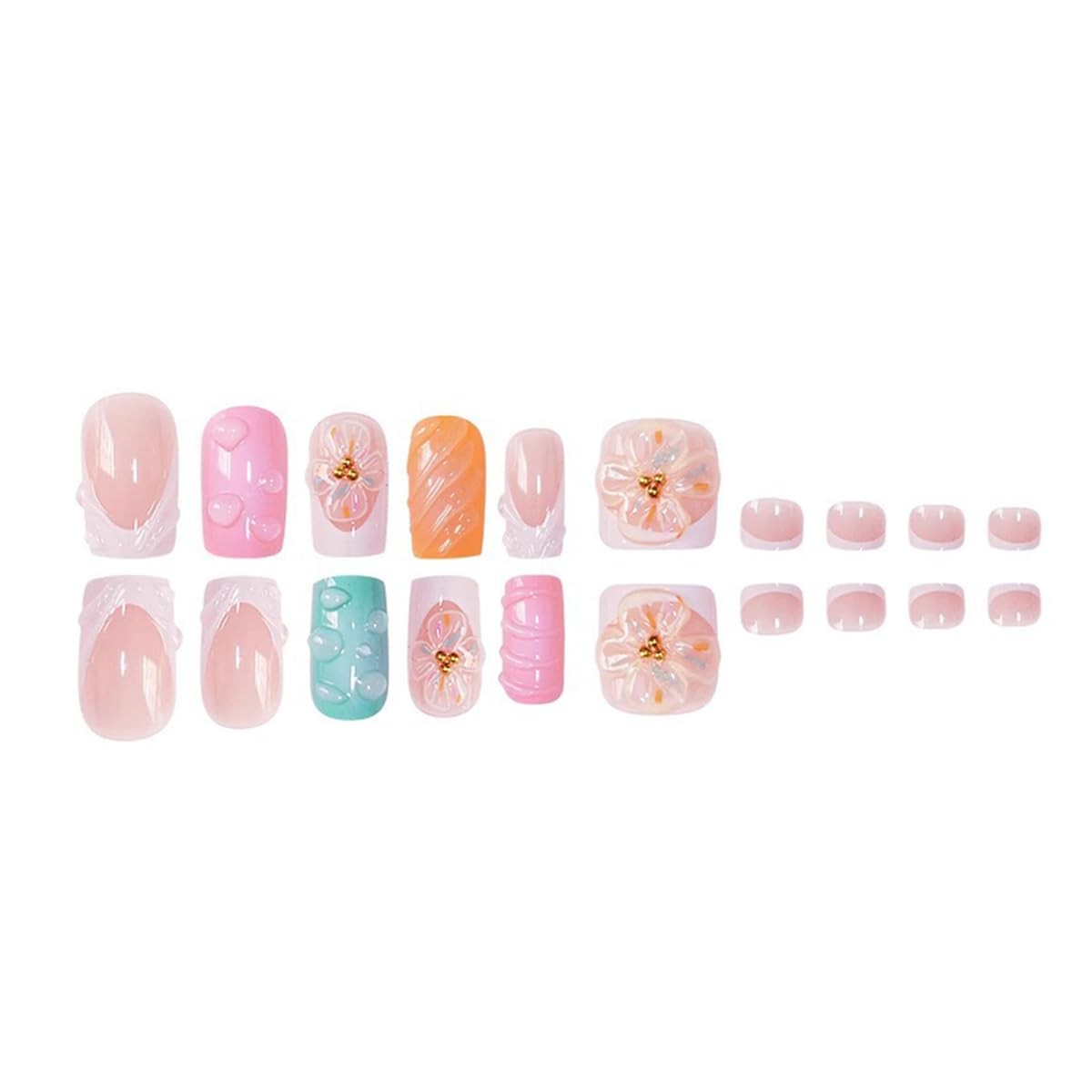 yefiuo Pink Press on Nails & Toenails Medium, & Orange & Blue