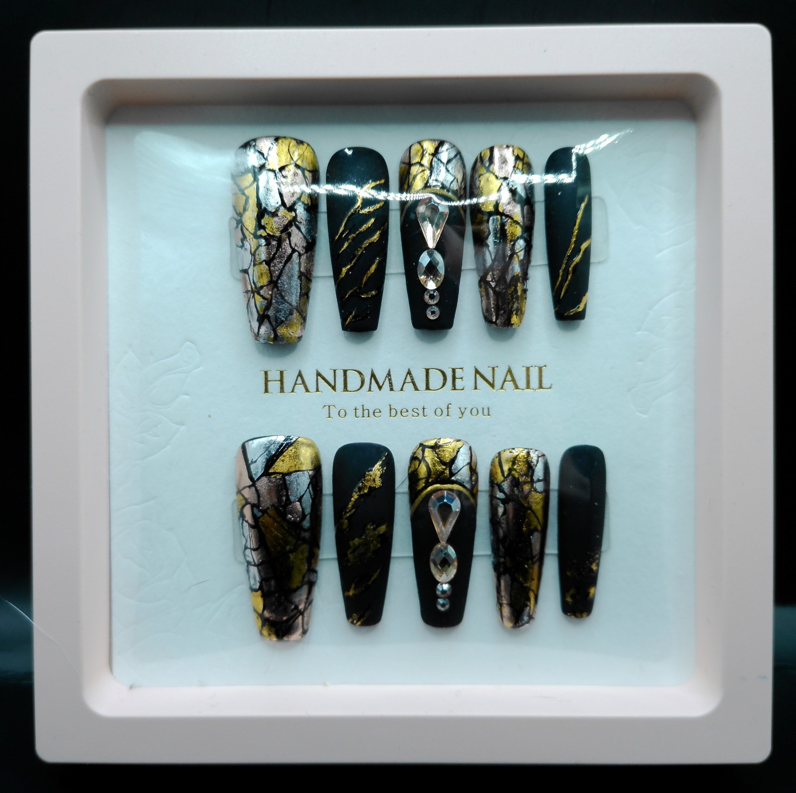 Long Coffin Gel-X Matte Black with Tri-Color Metallic Chrome – Medium Size