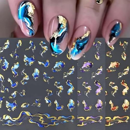 6 Sheets Bronzing Marble Nail Art Stickers 3D Self-Adhesive Blue Purple Style8