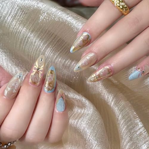 24Pcs Almond Press on Nails Heart Flowers Fake Nails with Heart Flowers Style 7