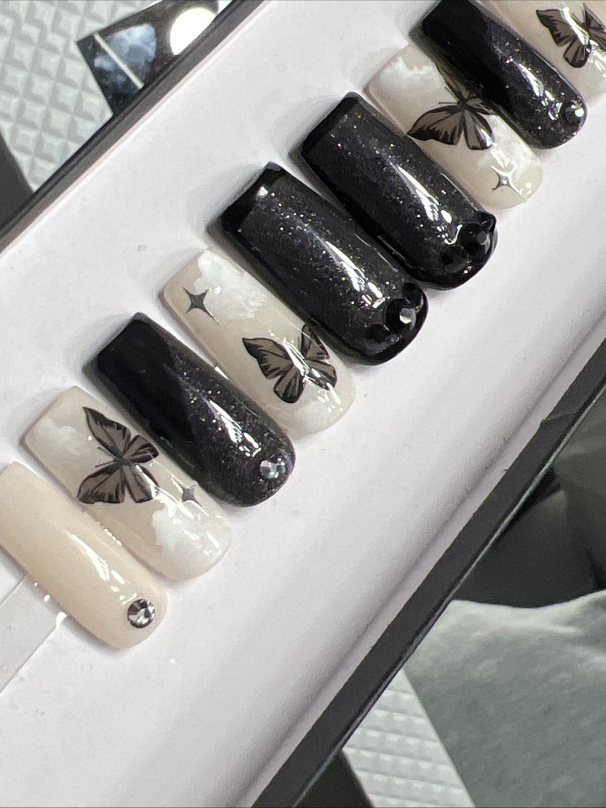 🤍 CUSTOM Hard Gel Press On Nails Black Nude Butterfly Bling 10p FULL SET SQUARE
