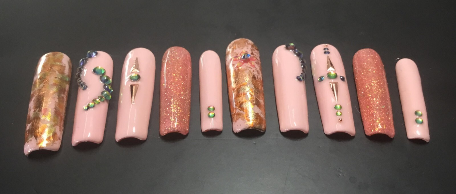 Peach-Pink Gemmed Long Square No Curve Press-On Nails, Medium – Handmade