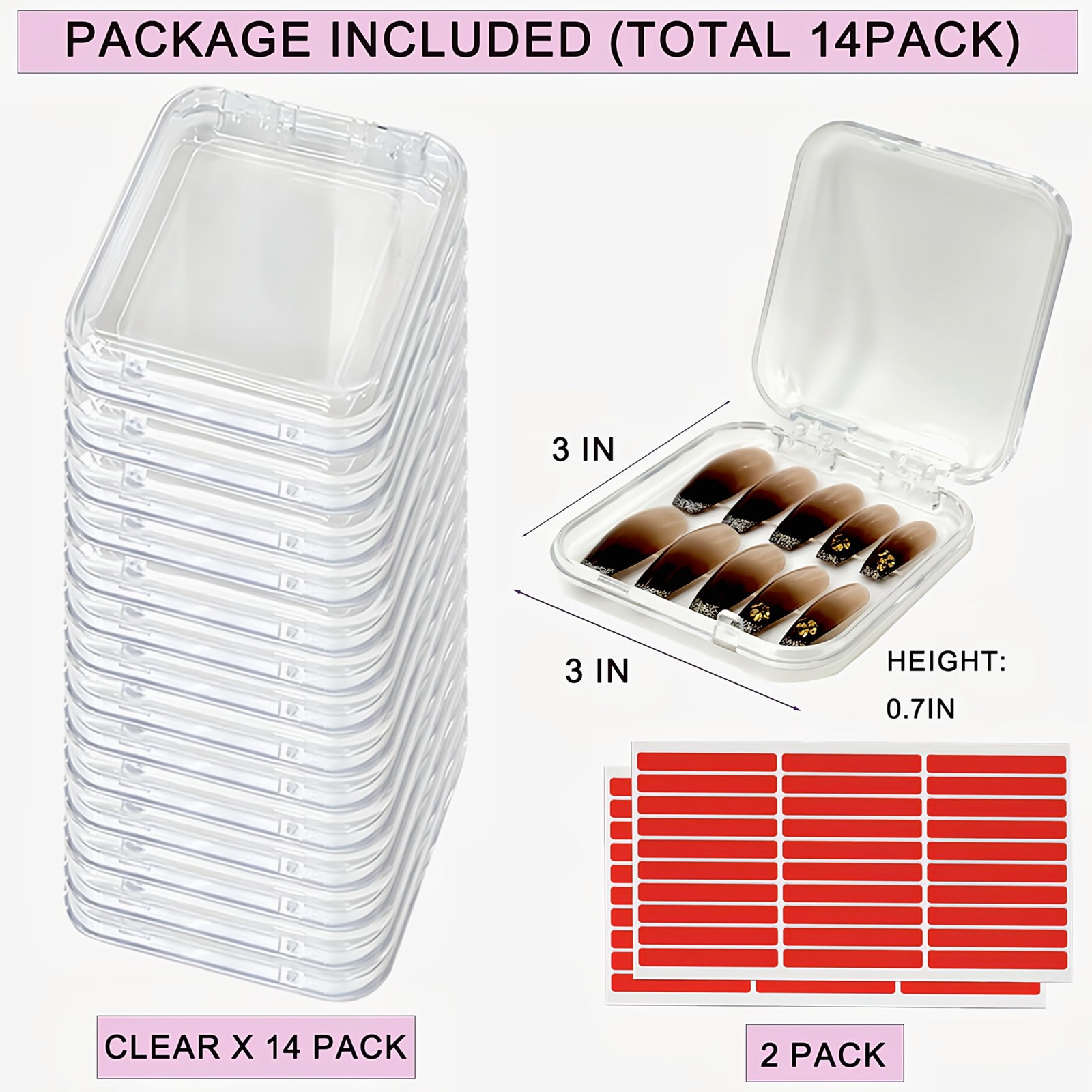 14 Pcs Press On Nail Packaging Box on 3 x 3 x 0.7 inches, Clear