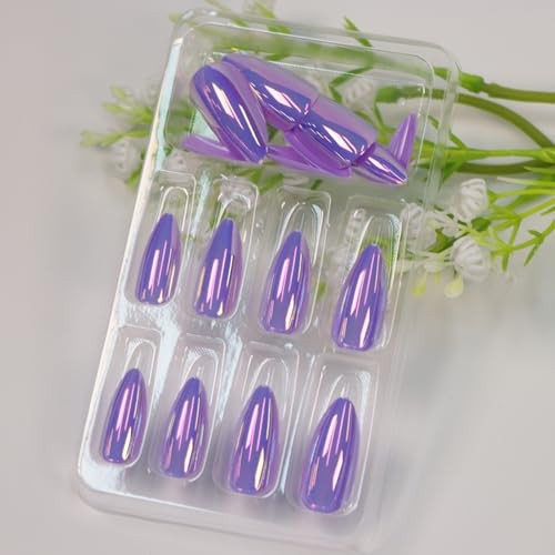 Almond Press on Nails Medium Fake Nails with Glossy Nails Chrome Aurora Designs
