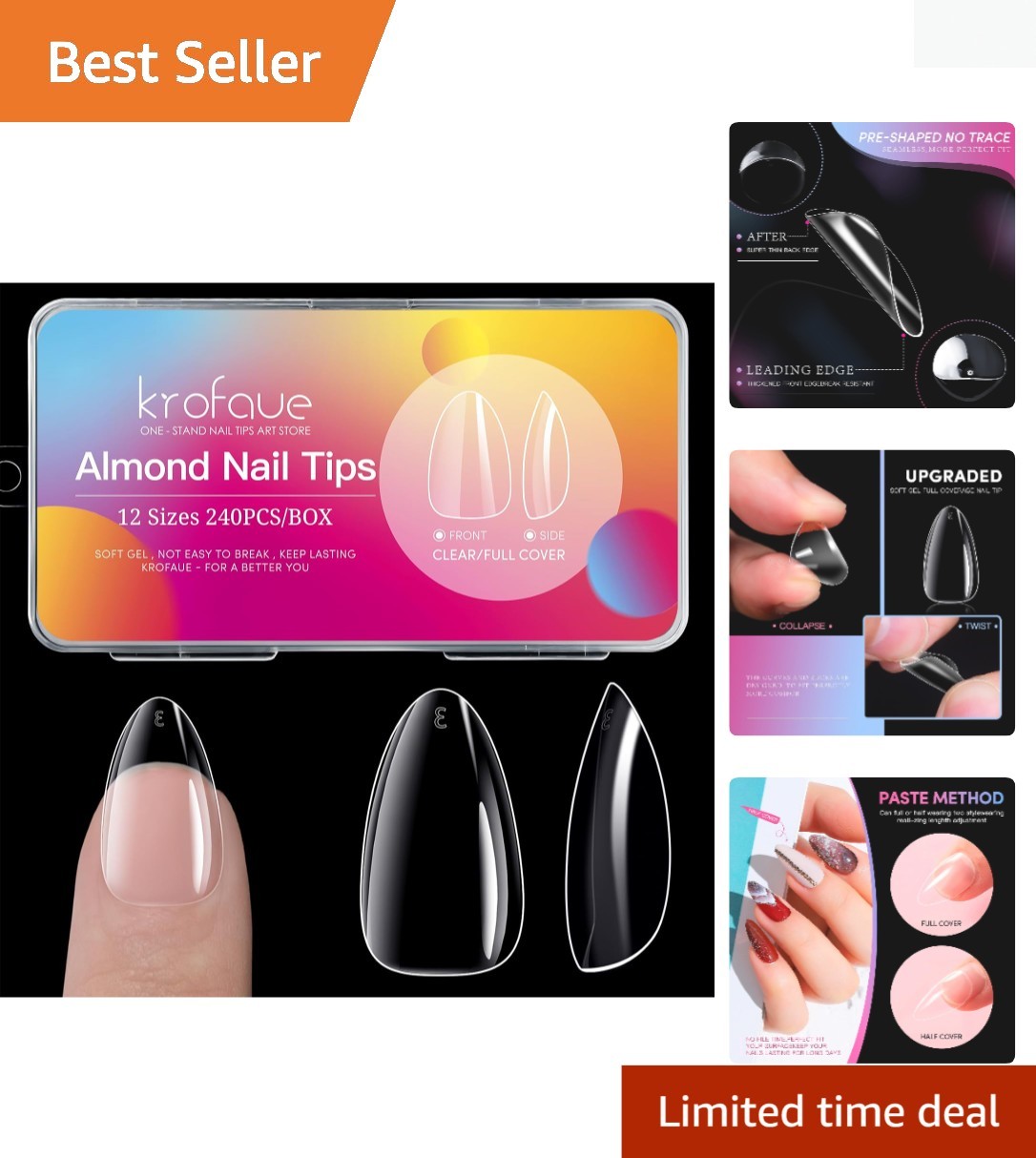 Soft Gel Clear Almond Nail Tips – 240Pcs with Glossy Finish for Professional Use
