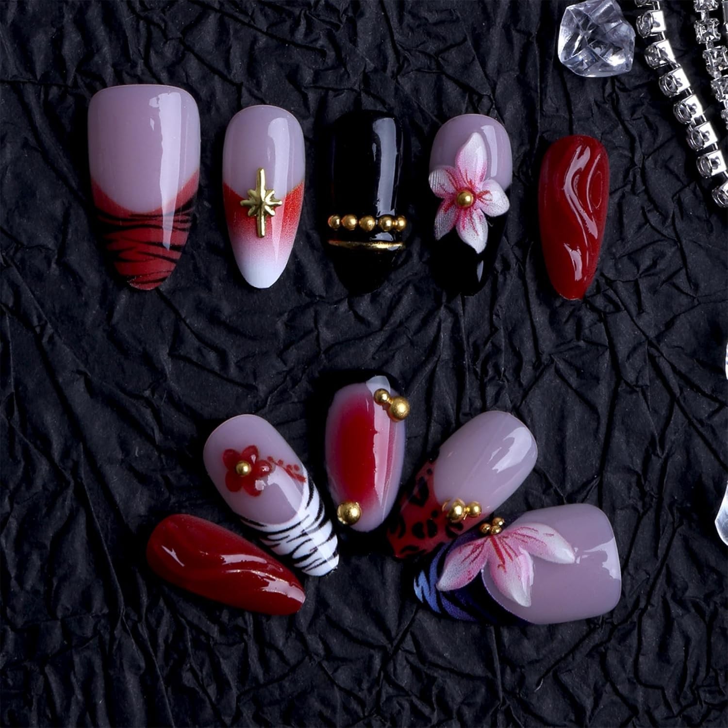 Almond Press on Nails Long Fake Nails Red Artificial Nail Black French Pink F…