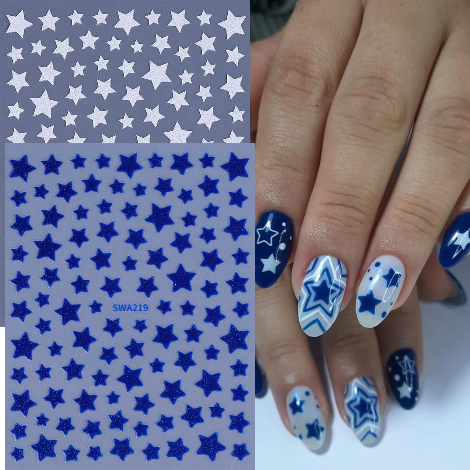 4th of July Nail Stickers Red White Blue Star Nail Decals 6PCS Glitter Patrio…