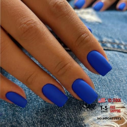 Matte Dark Blue Press on Nails Short Medium Square, Neutral matte dark blue