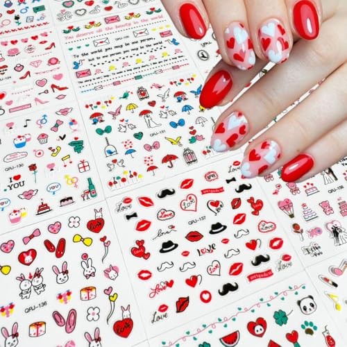 30 Sheets Valentine’s Day Nail Stickers 3D Embossed Red Love Heart Nail Style-3