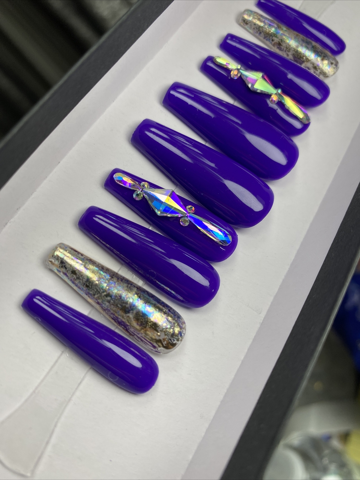 Luxury Gel Press On Nails,Marine W Bling , Long Coffin, 10p Nail Set W/ kit