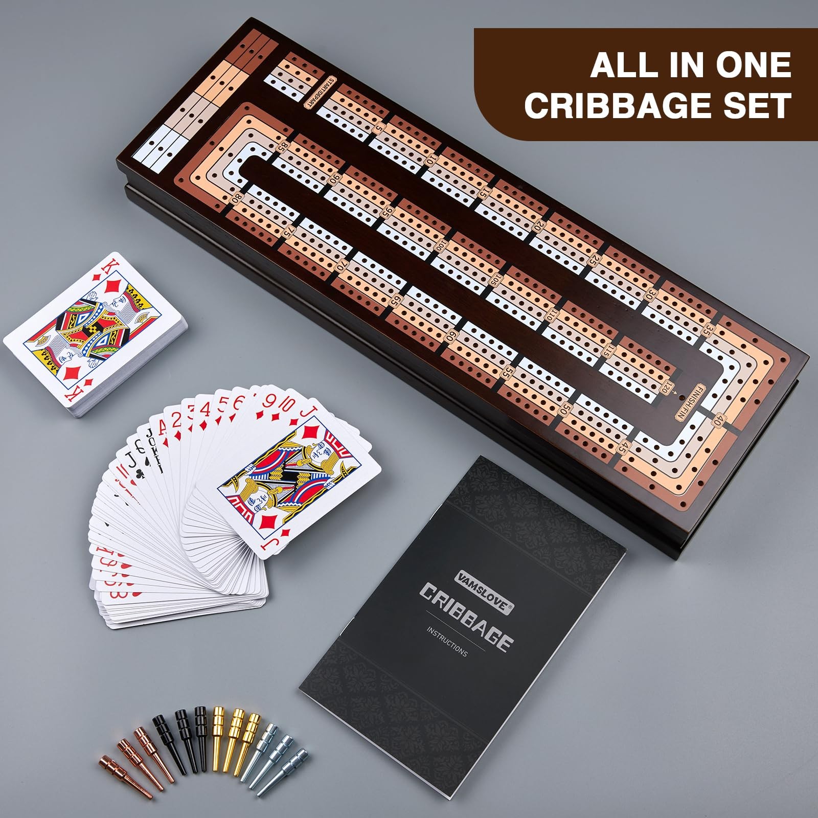 VAMSLOVE Upgraded Wooden 4-Track Cribbage Board Game Magnetic Large