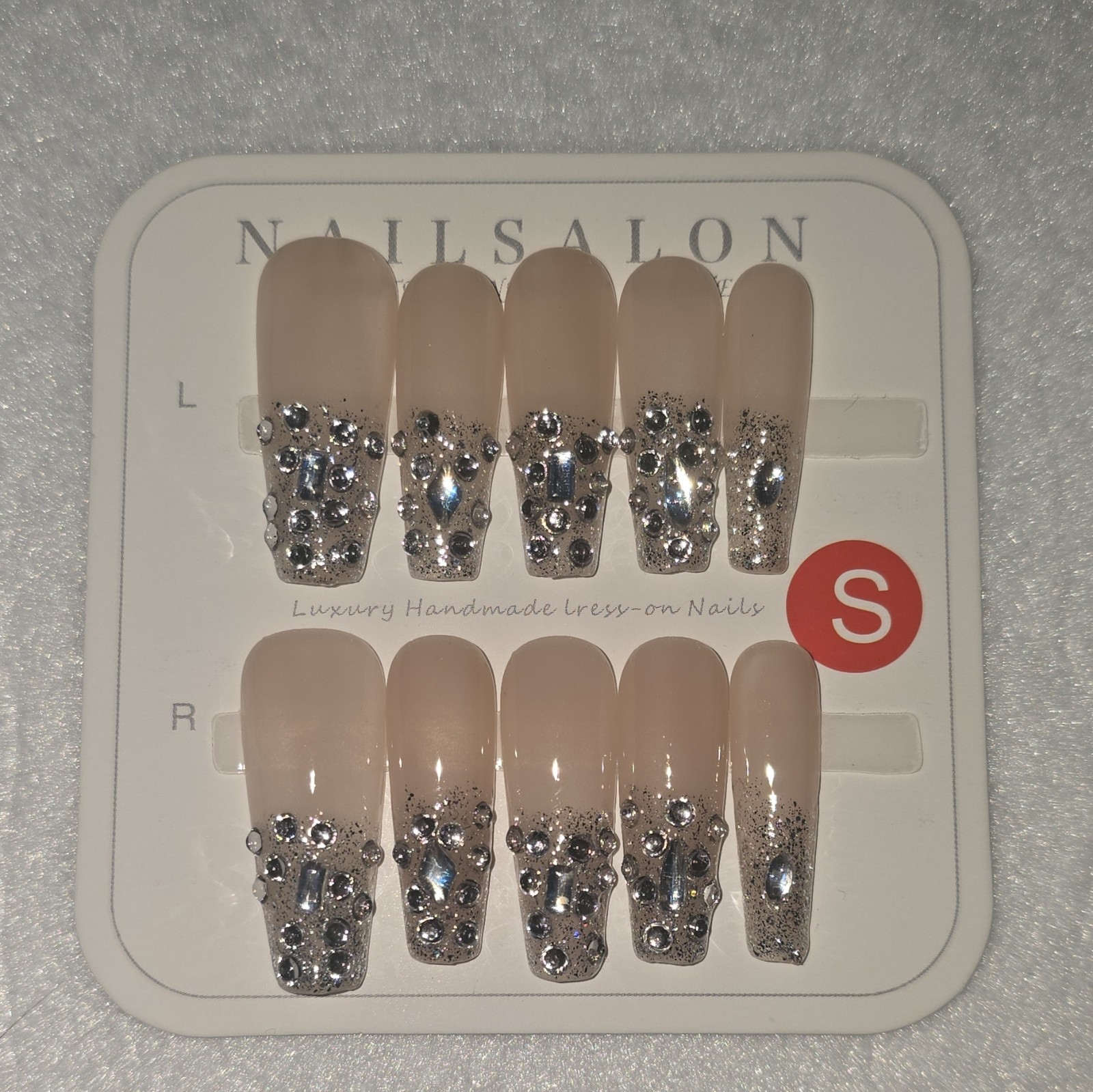 NAILSALON Short Square Silver 3D Rhinestone Shiny Full Cover Press-On Nails #17