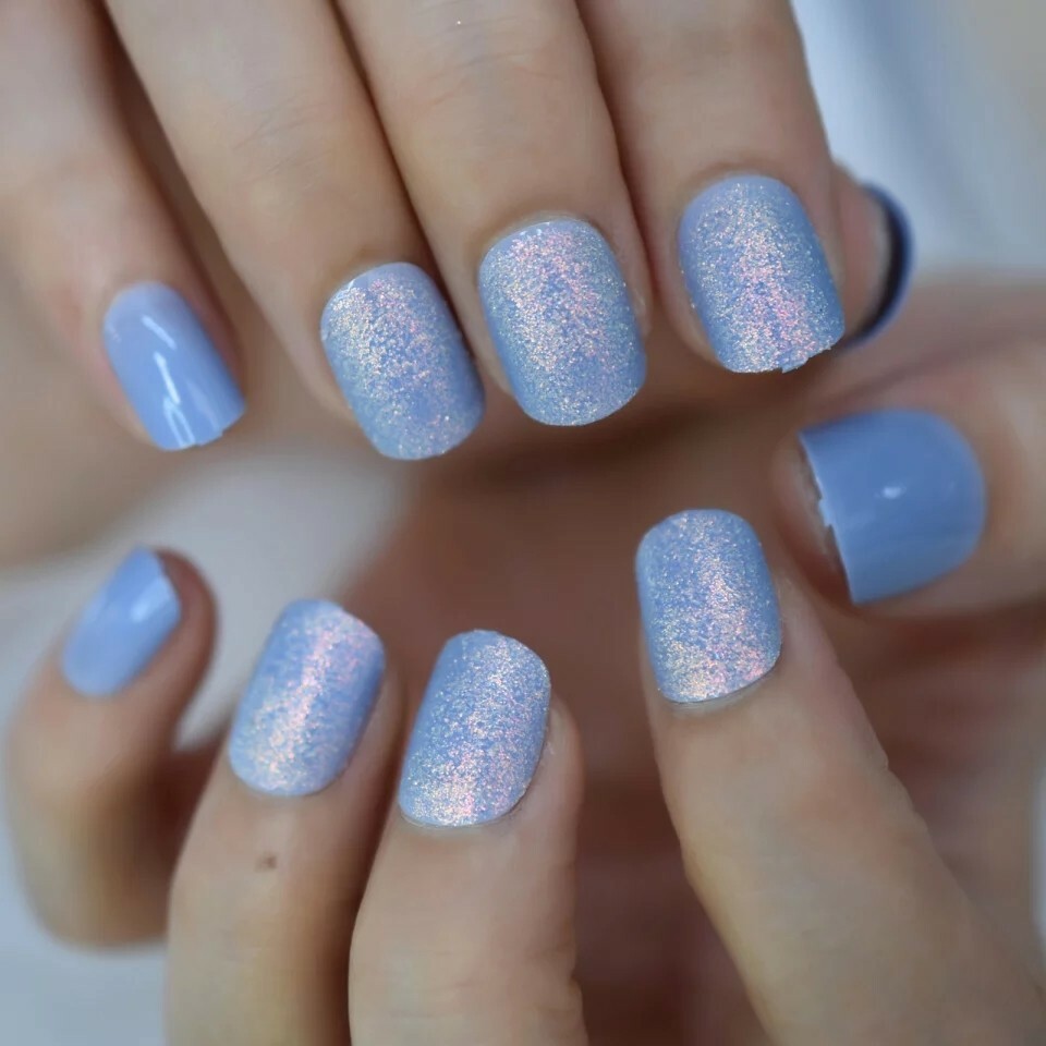 Icy Glitter Press on Nails Holographic with glue short purple blue