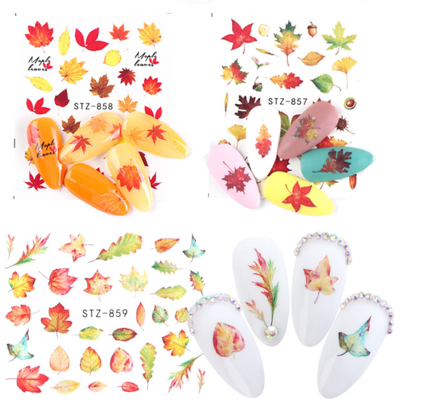 Nail Art Water Decals Stickers Transfers Autumn Winter Green Maple Oak Leaf NH15