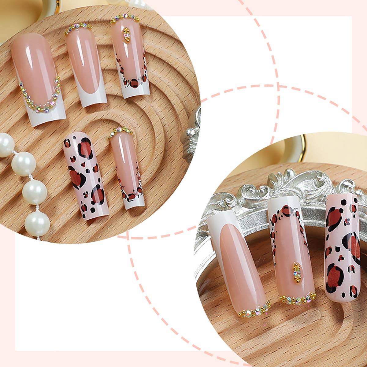 24 Pcs French Tip Press on Nails Long Coffin Leopard Fake Nails with Rhinesto…