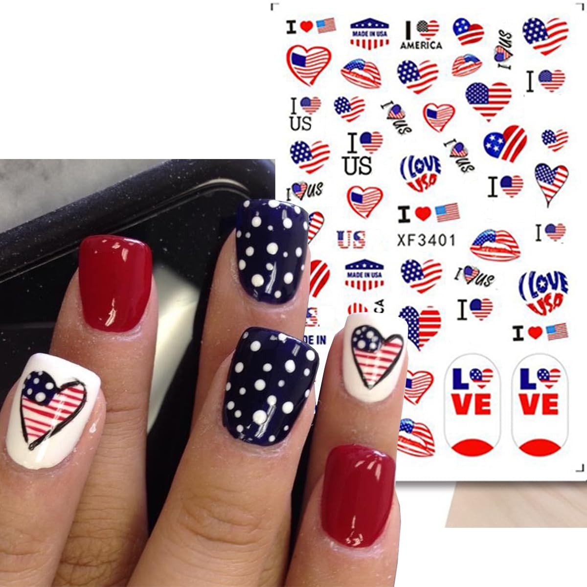 8 Sheets 4th of July Nail Art Stickers White Red Blue 3D Self-Adhesive Nail D…