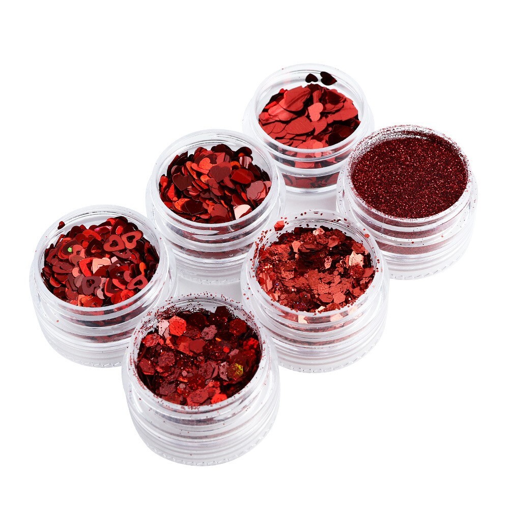 6 Pots Red Nail Art Powder Sequins Set for Valentine’s Day Glitter Flakes DIY De
