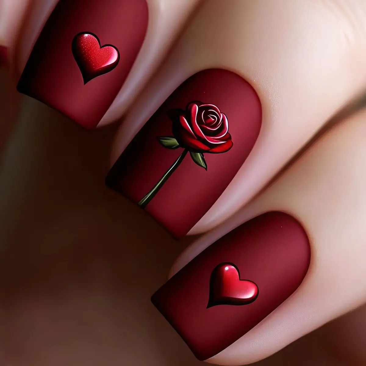 24pcs Black Almond Red Heart Rose Press On Nails