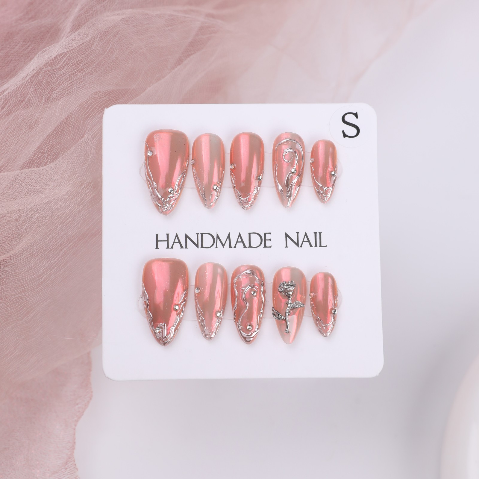 Handmade Chrome Pink Press On Nails Medium Almond 3D Metal Rose Y2K Punk Glam