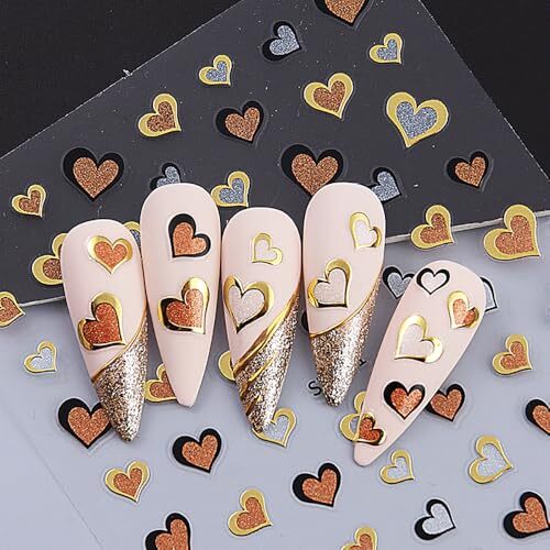 6Sheets Valentines Nail Art Stickers Gold Heart Nail Decals 3D lovely heart