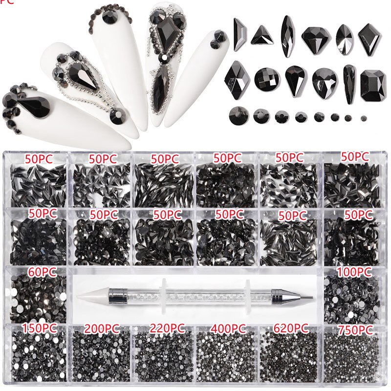 3100PCS/Boxed Luxury Rhinestone Nail Art Jewelry Set Glass Nail Crystals Box