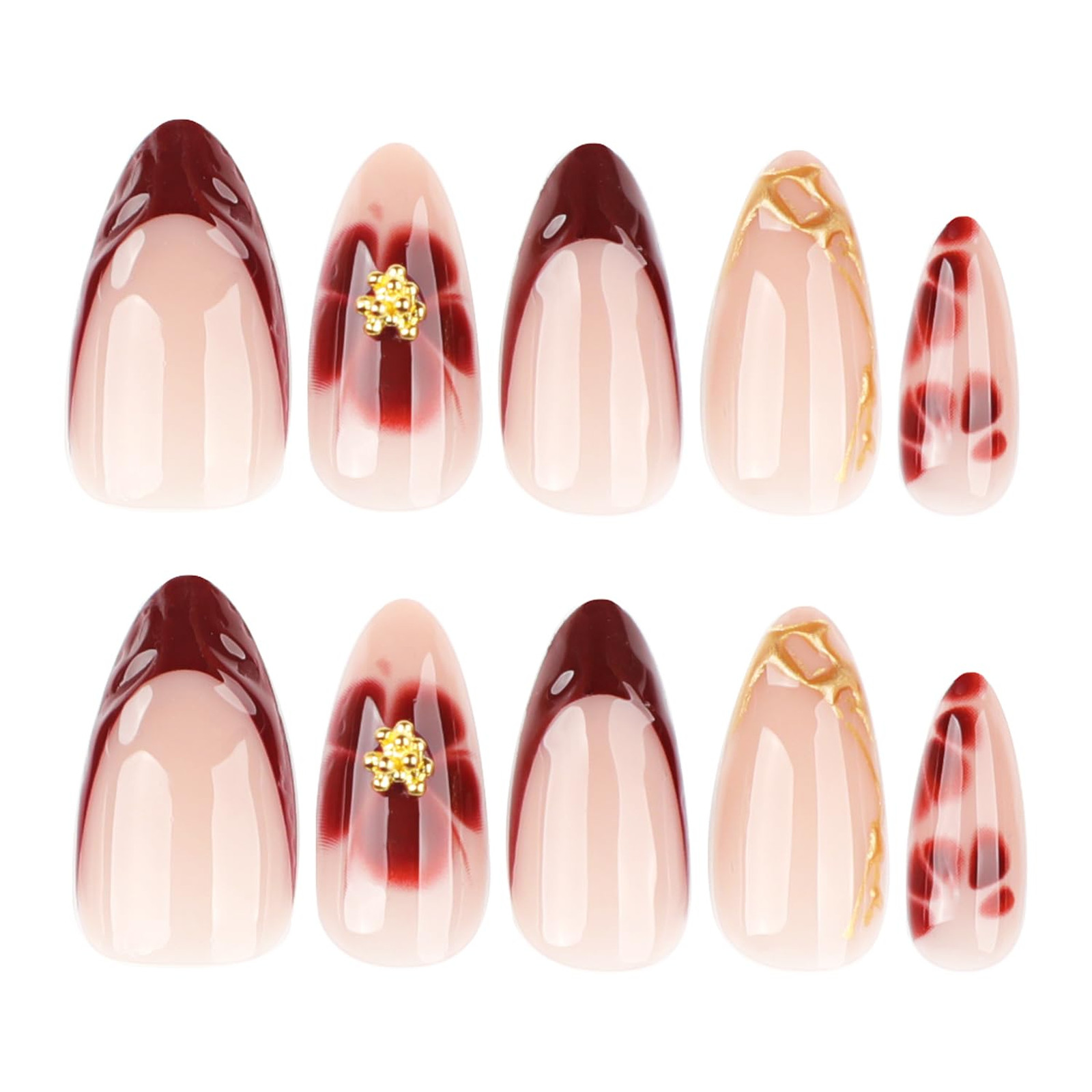 French Tip Press On Nails Short Almond Red 24 Pieces with 3D Gold Bead Designs