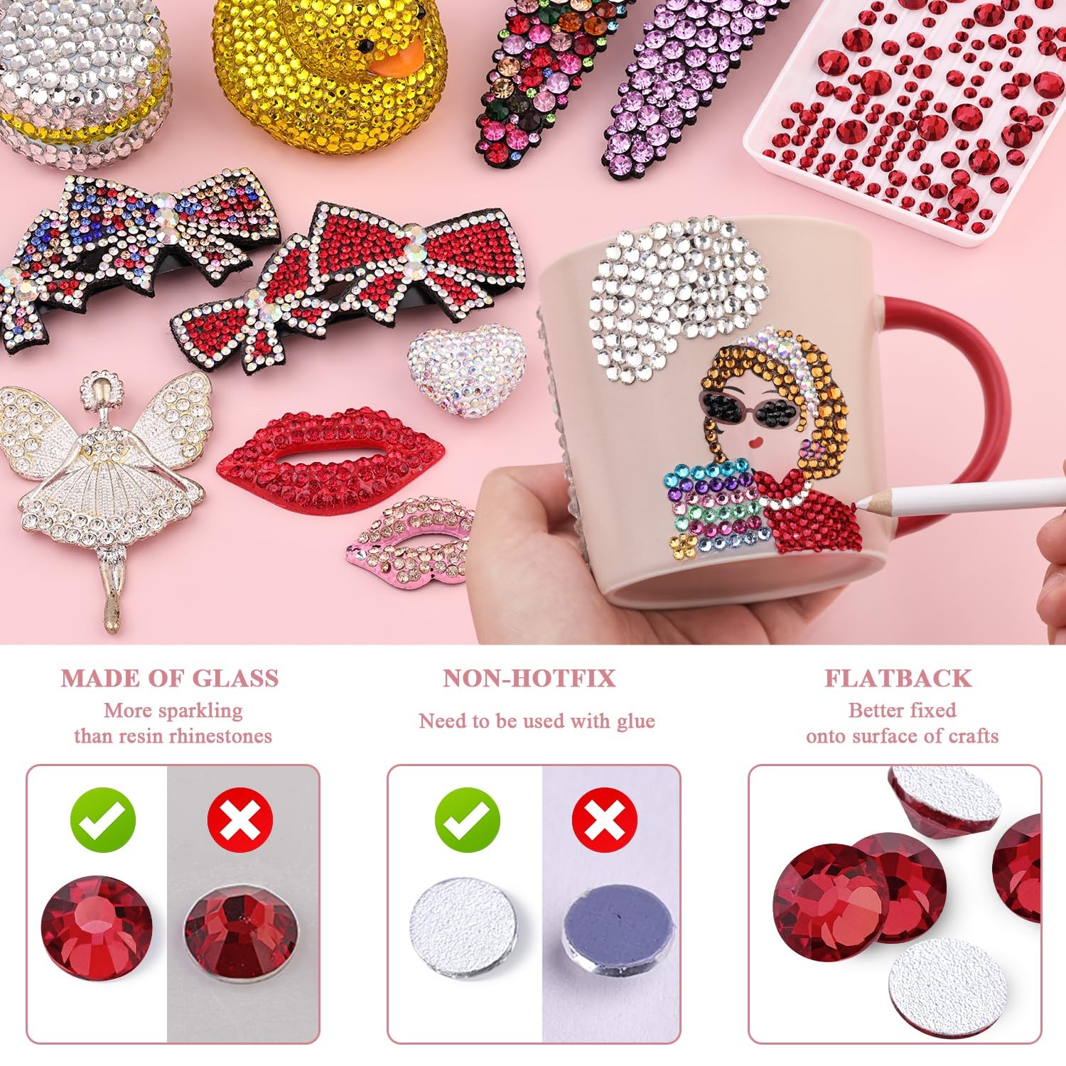 1440pcs Siam Crystals Glass Rhinestones FlatBack Glitter Gems for 3D Nails Decor