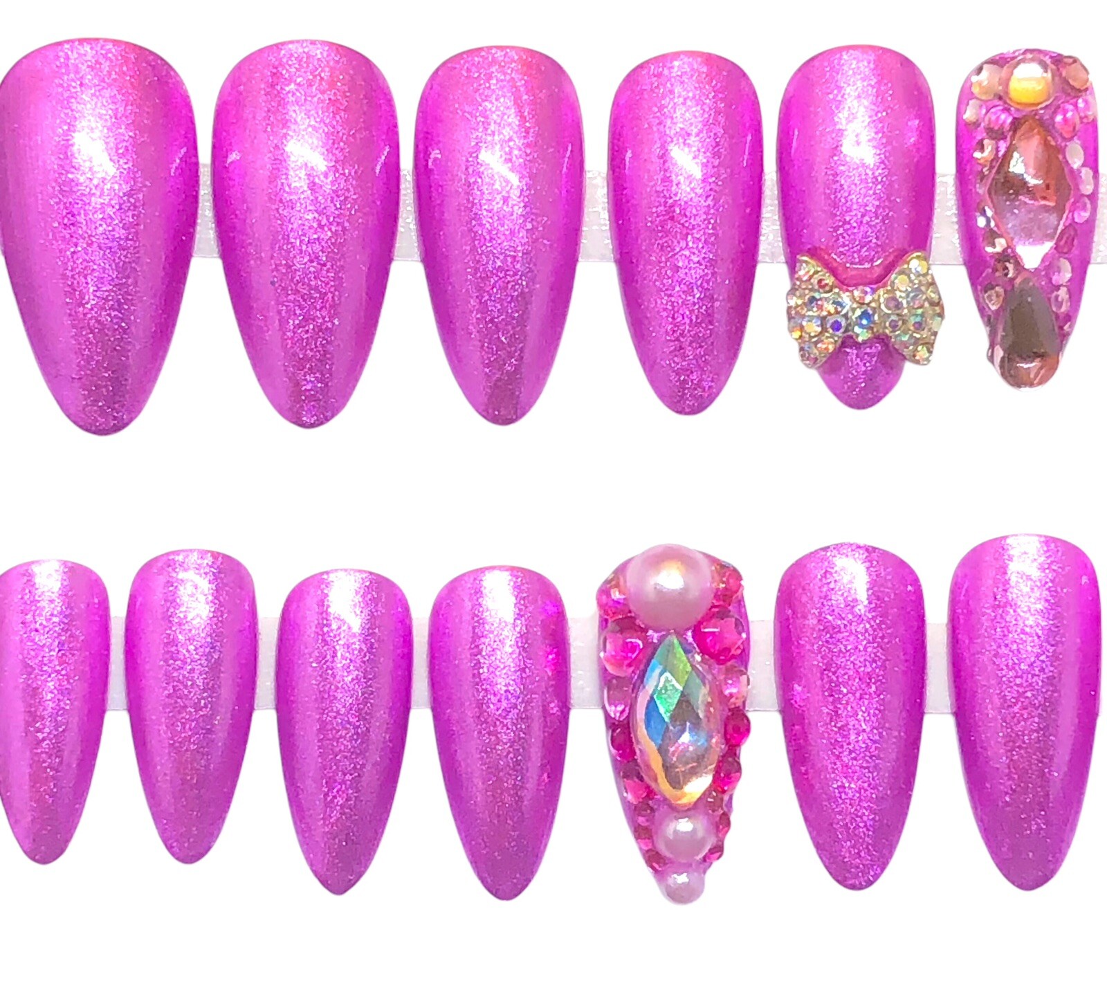 Handmade UV Gel Press On Nails Medium Length Almond Shape Pink Metallic & Bling