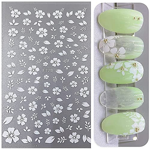 Flower Nail Stickers,3D White Cherry Blossoms Nail Decals Nail Art Supplies