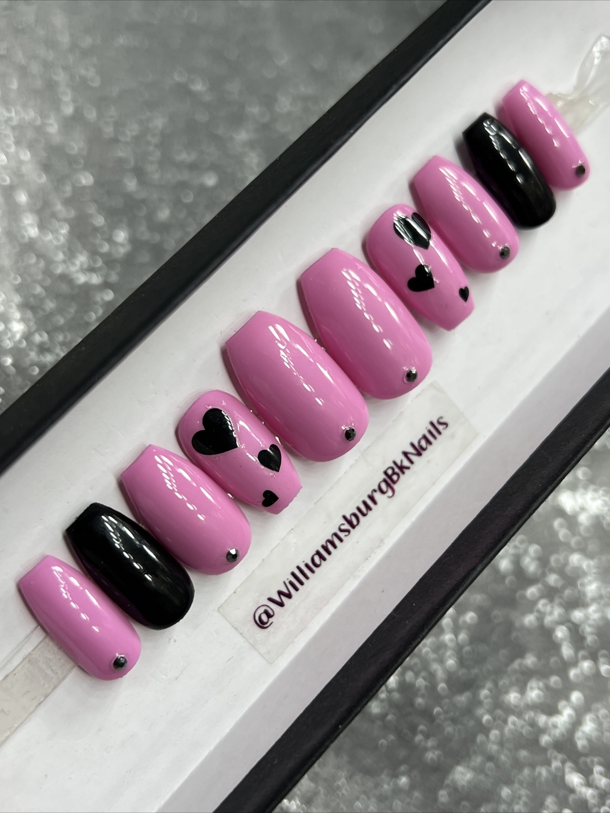 🖤 CUSTOM Gel Press On Nails, HOT PINK W BLING ,Coffin Short ,10p Set W/ kit NEW