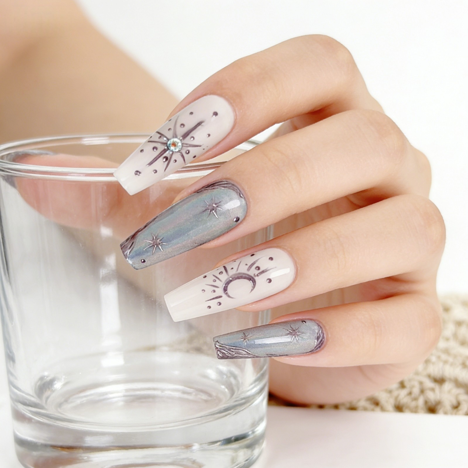 Futuristic Silver Gray Diamond Thorn Coffin Press-On Nails with Metal Details