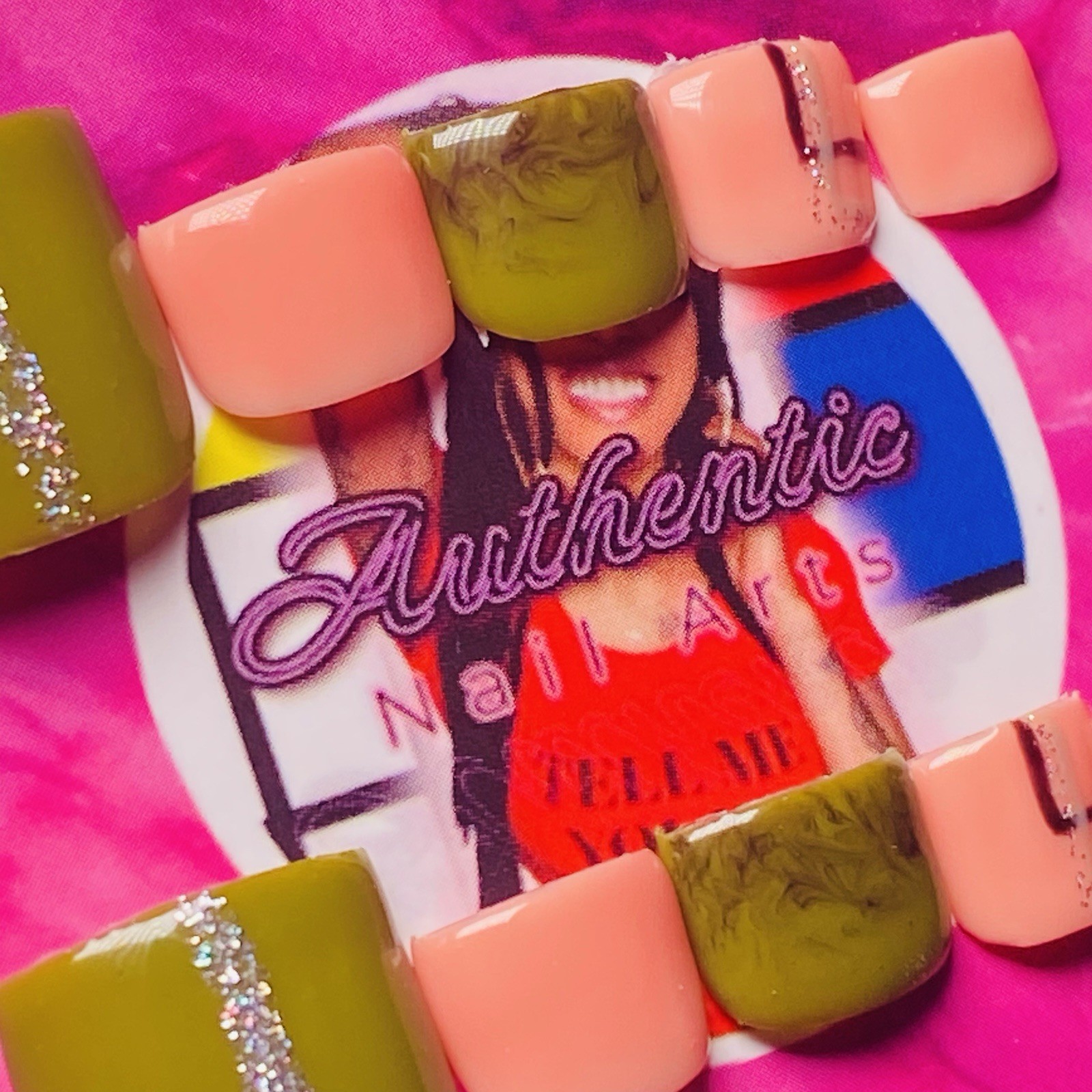 Square Press-On Nails Olive Green Peach Marble Glitter by Authentic Nail Arts