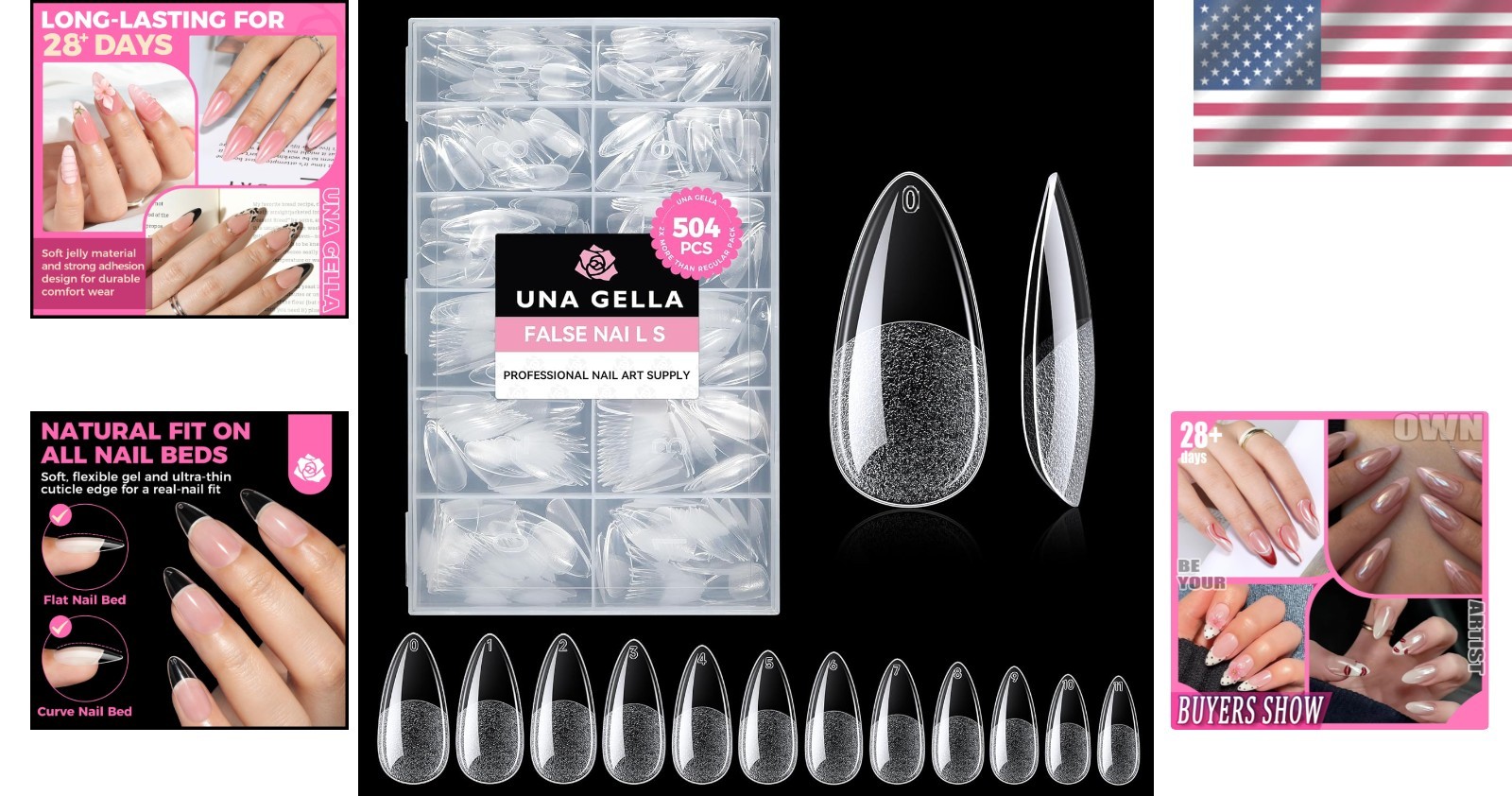 Full Coverage Almond Shape Fake Nail Tips – 504PCS Easy Application Gel Nails