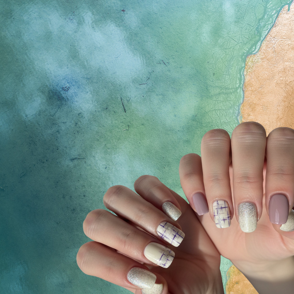 Press-On Nails Square –Lilac and White Mix with Silver Glitter & Purple line Art