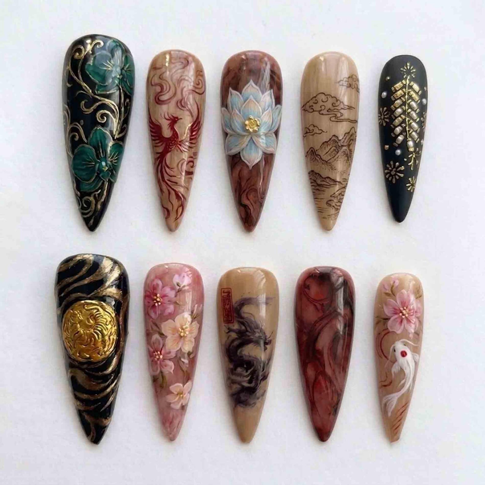 Handmade Chinese Style Dragon Phoenix Lotus Koi Mountain Stiletto Press on Nails