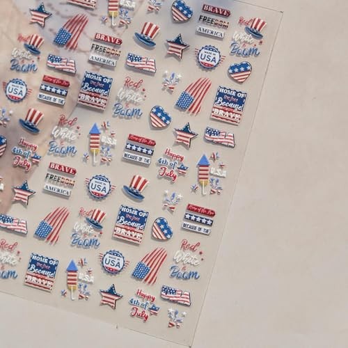 4th of July Nail Stickers Self-Adhesive Red Blue USA Flag Nail Regular Qwe-46