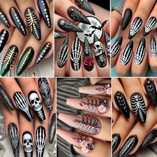 3Sheets Halloween Skeleton Nails Stickers Embossed Flower Skull Hand Bone Rose