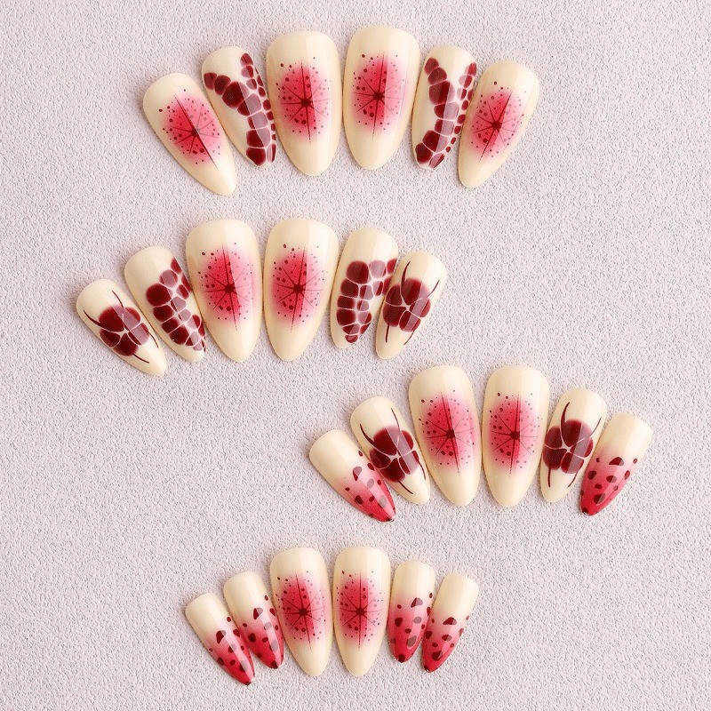 48 Pcs of Pink and White Painted Abstract Pattern Fake Nails – Removable Nails