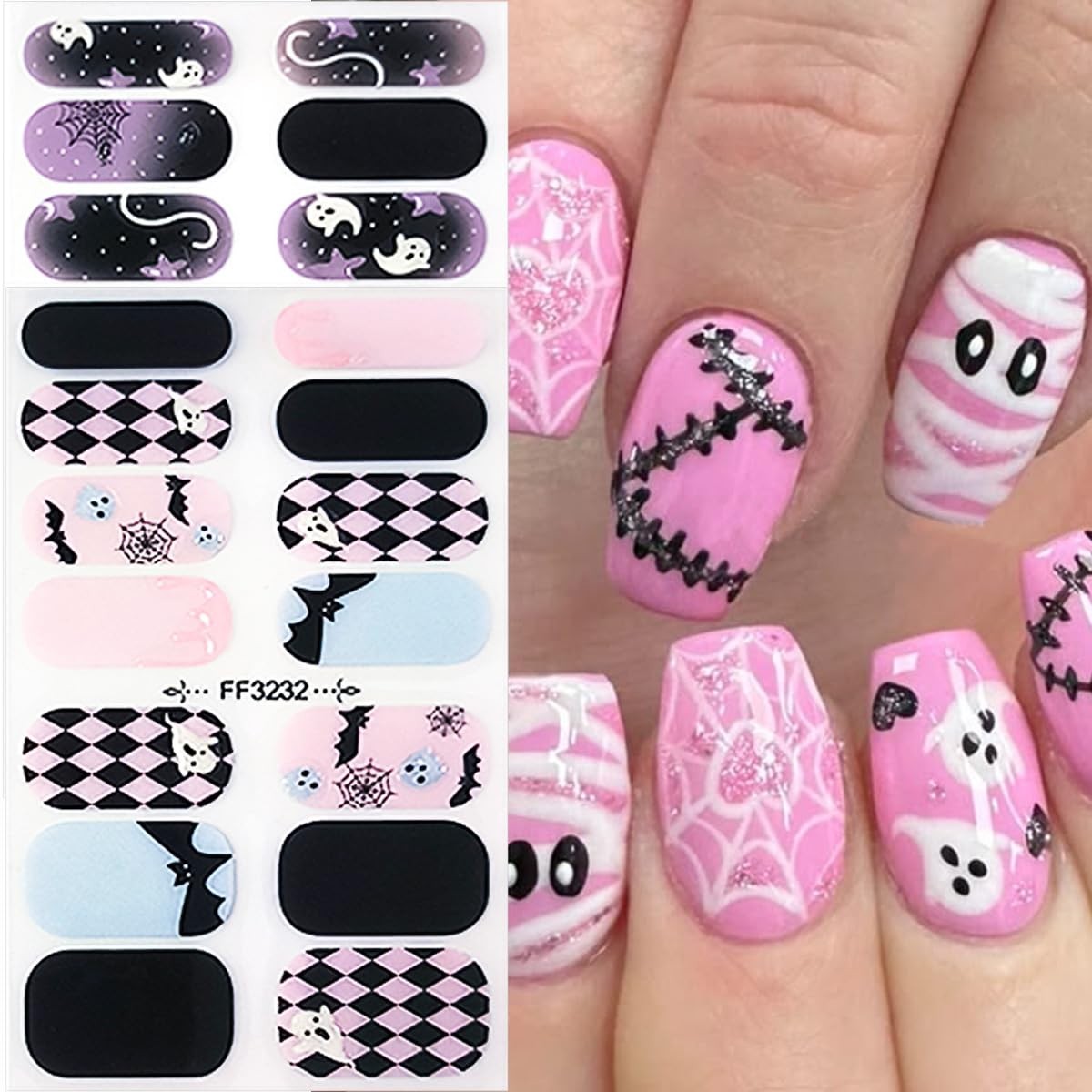 2 Sheets Halloween Nail Gel Stickers Cute Ghost Nail Polish Stickers Self-Adh…